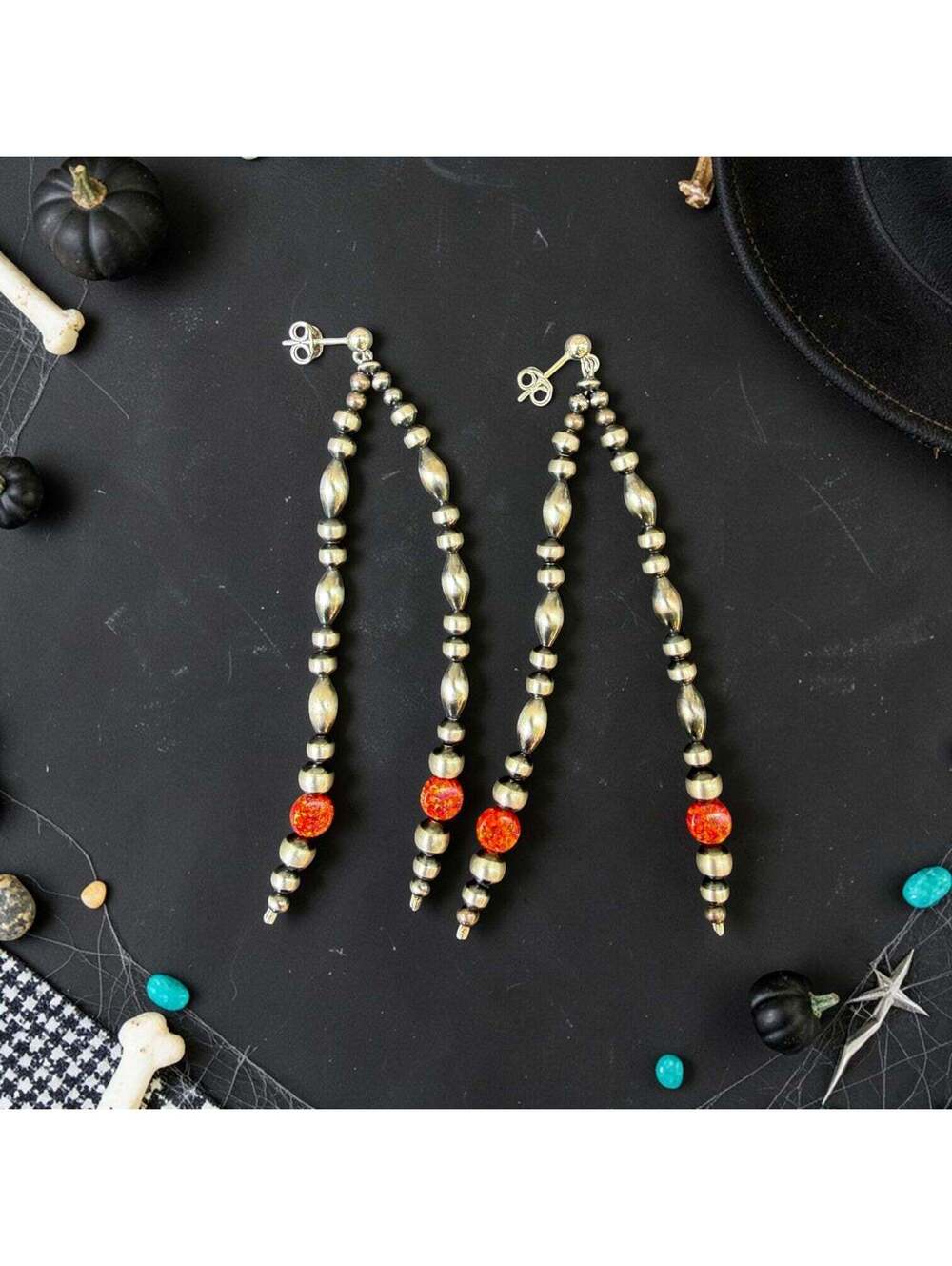 3.5" Blood Orange Fire Opal & Navajo Style Pearl Earrings